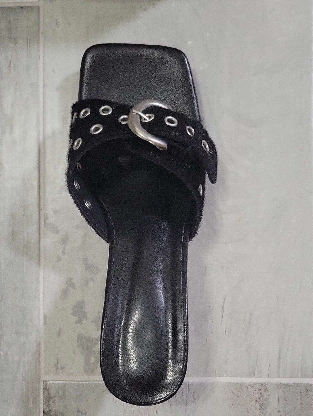 Black Grommet Buckle Slide Heels